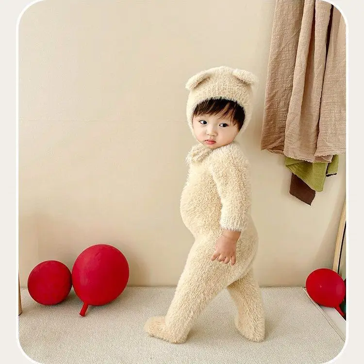 Newborn Baby Jumpsuit Spring Autumn Furry Suit Baby Autumn Plush Clothes Romper Baby Onesie