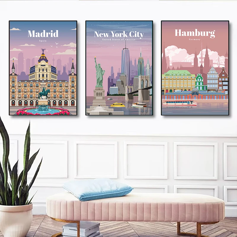 المدن السياحية العالمية الشهيرة المشارك يطبع لندن مدينة نيويورك السفر الرسم على لوحات القماش الجدارية صورة ديكور غرفة المعيشة المنزلي