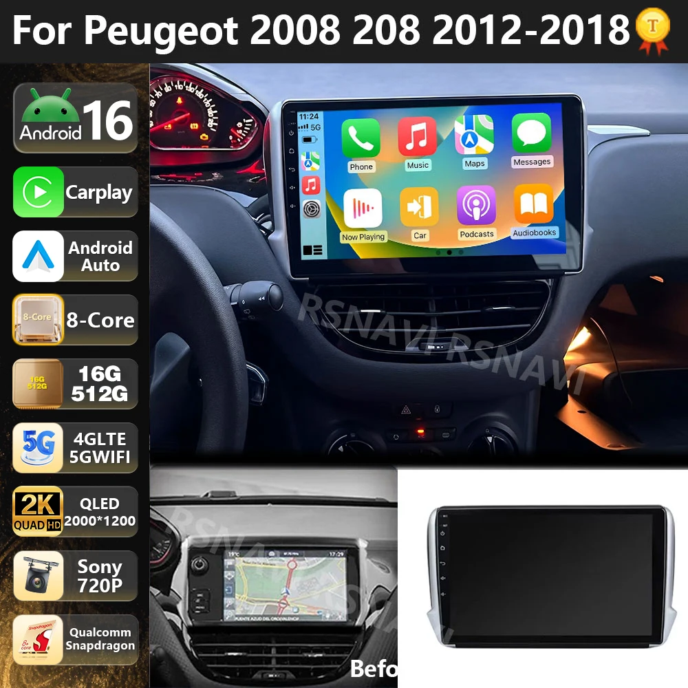 

Qualcomm Android 16 For Peugeot 208 2008 2012 - 2018 Car Radio Multimedia Video Player GPS Stereo CarPlay Auto 4G+WiFi Head Unit
