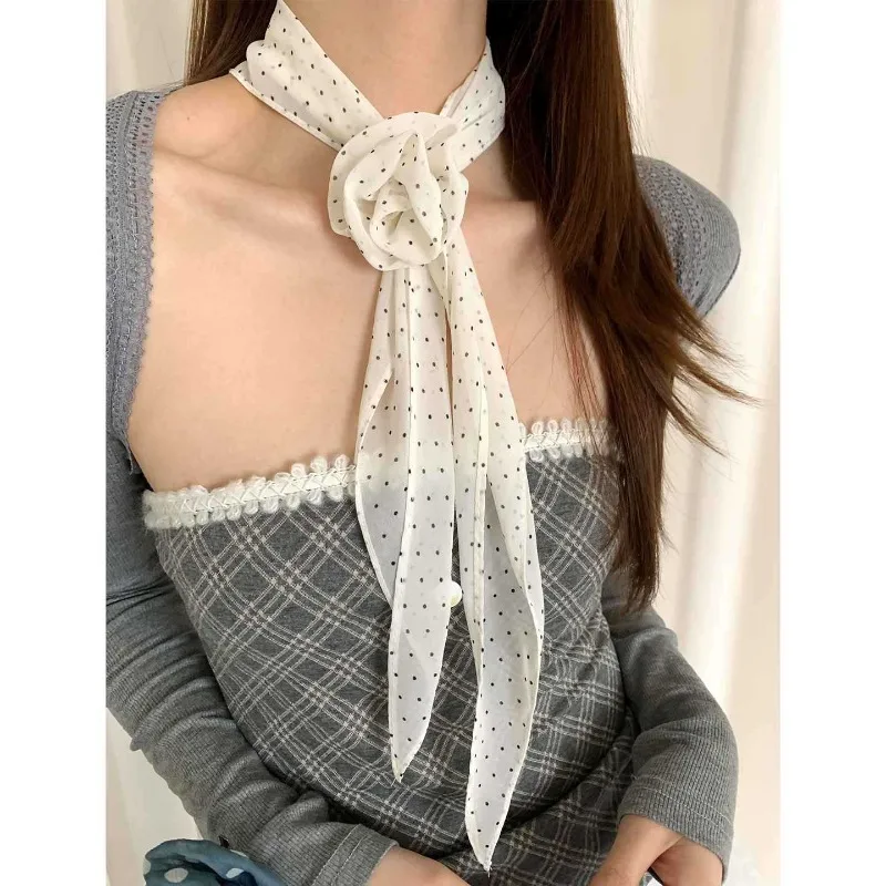 

High-end thin polka dot floral silk scarf for women spring new fashion neck tie ribbon small decorative scarf trendy neckerchief
