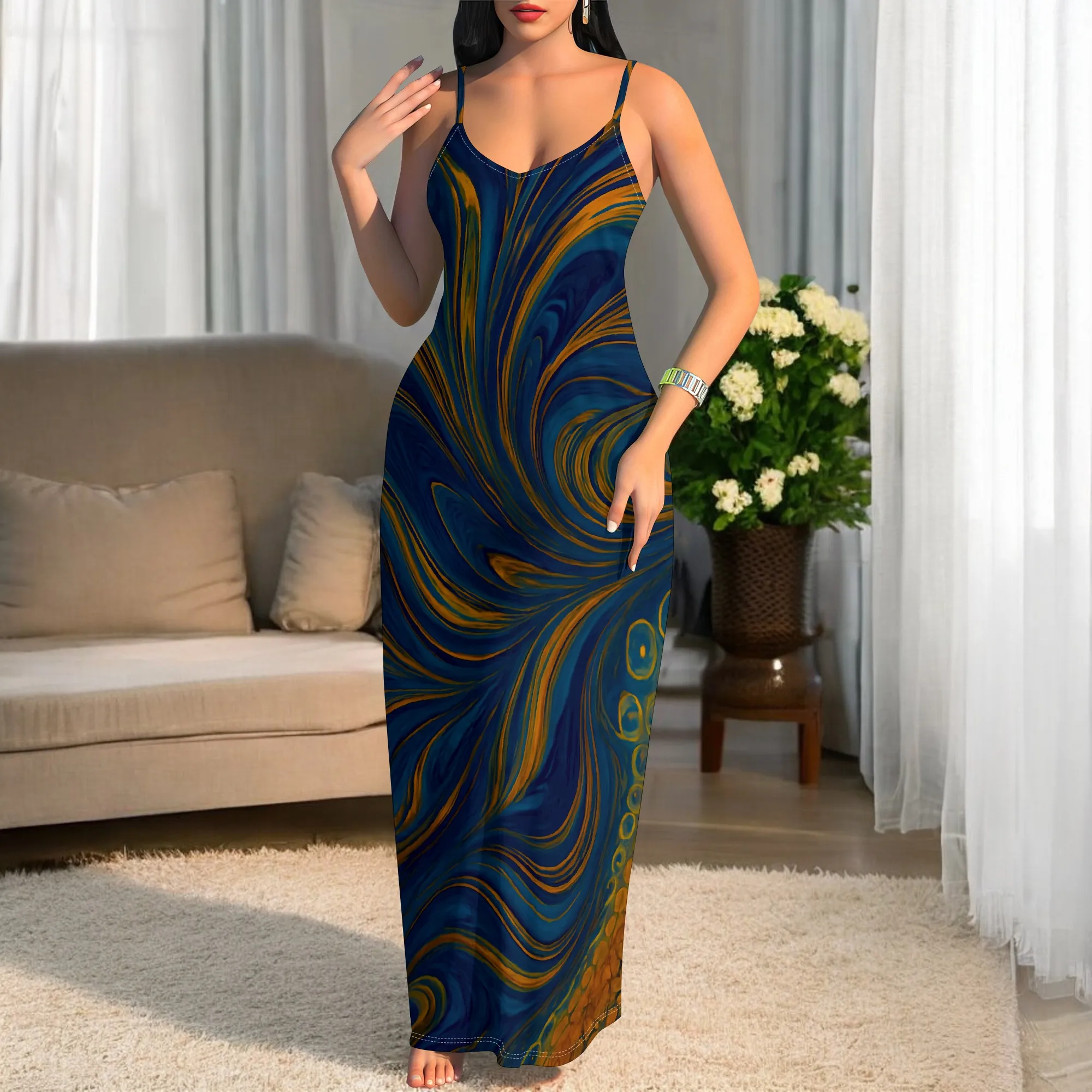 

Swirl Marble Print Maxi Dress for Women S-3XL Spaghetti Strap Summer Night Out or Art Show Look Elegant Urban Style