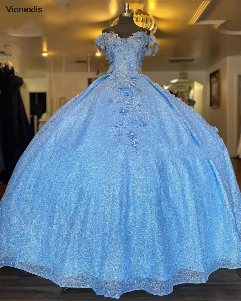 

Sparkly Sky Blue Ball Gown Quinceanera Dresses with Dechable Sleeves Sweetheart Tulle Lace Applique Sweet 16 Dress Party Wear