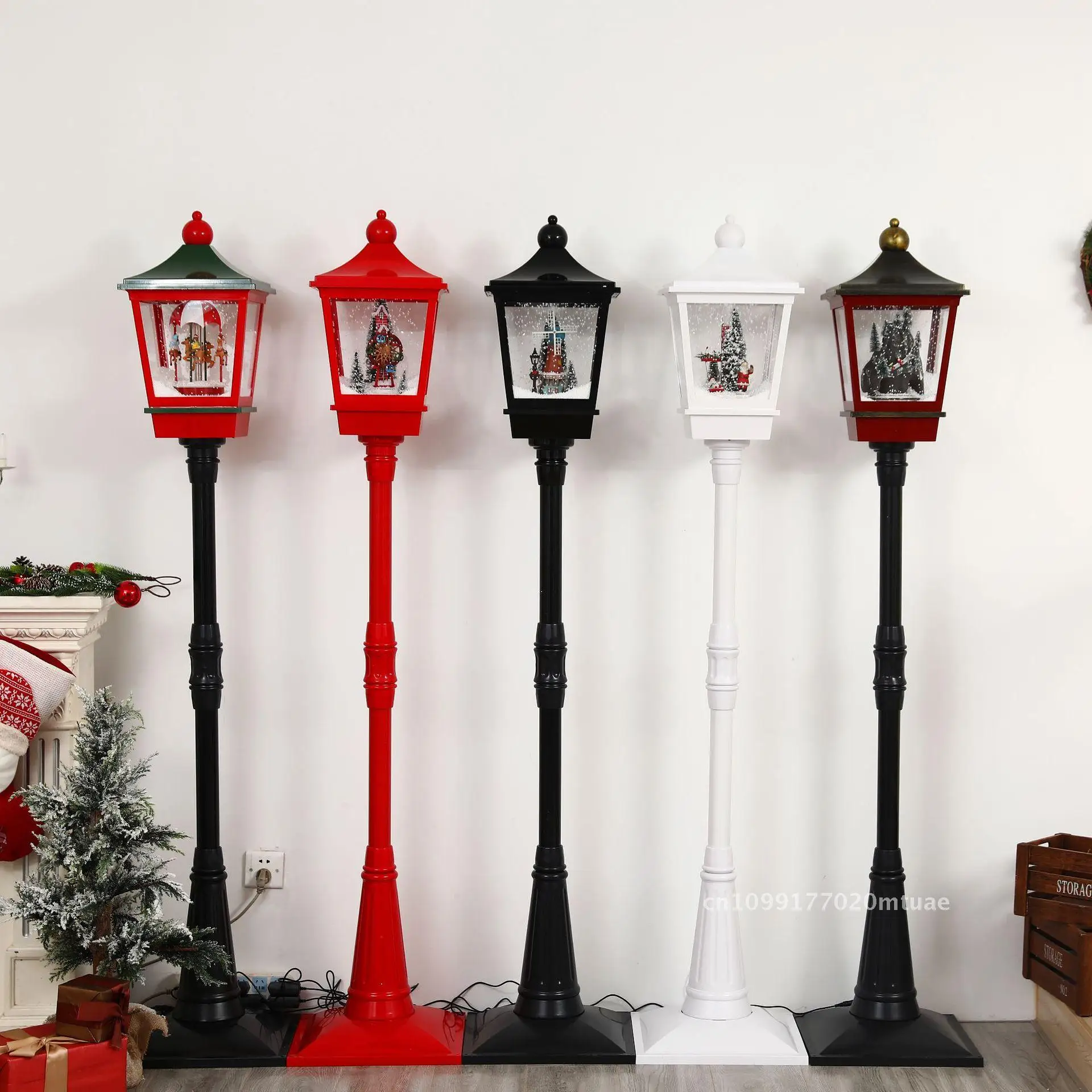 Christmas Snow Street Light with Interior Music Large Scene Holiday Decoration Red Green Carousel Ferris Wheel Snowmobile