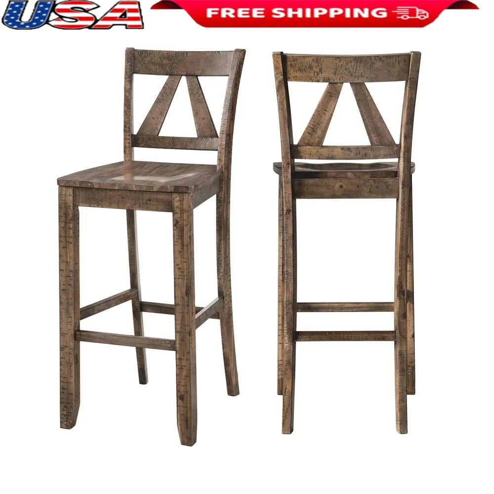 

30 Inch Bar Stool Set of 2 Solid Wood Distressed Dark Walnut Fan Back Rustic Dining Room Chairs