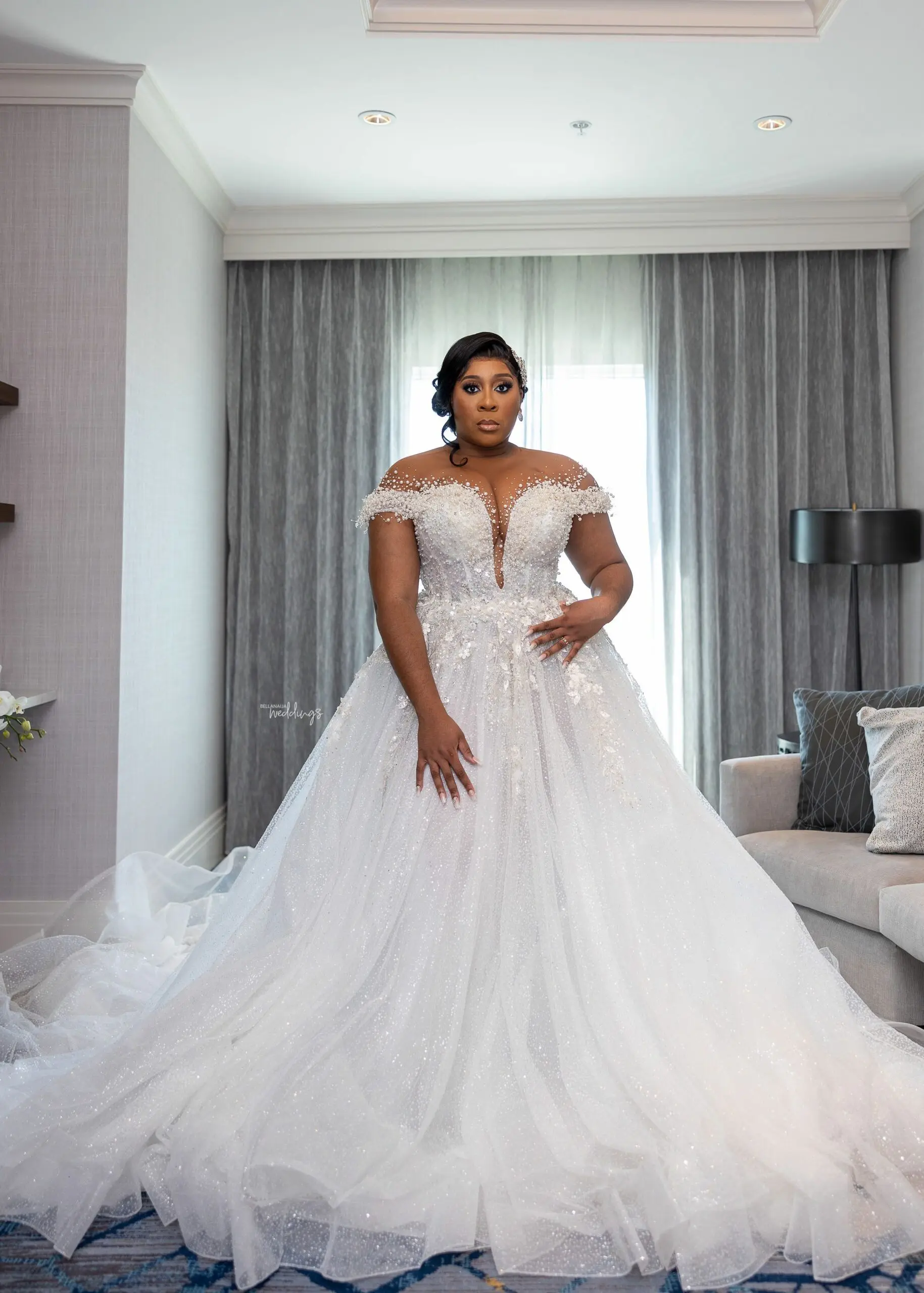 oversize wedding dress Plus Size Off Shoulder Wedding Dress with Flower Sleeves - Satin Wedding Dress with Side Slit and Corset Back