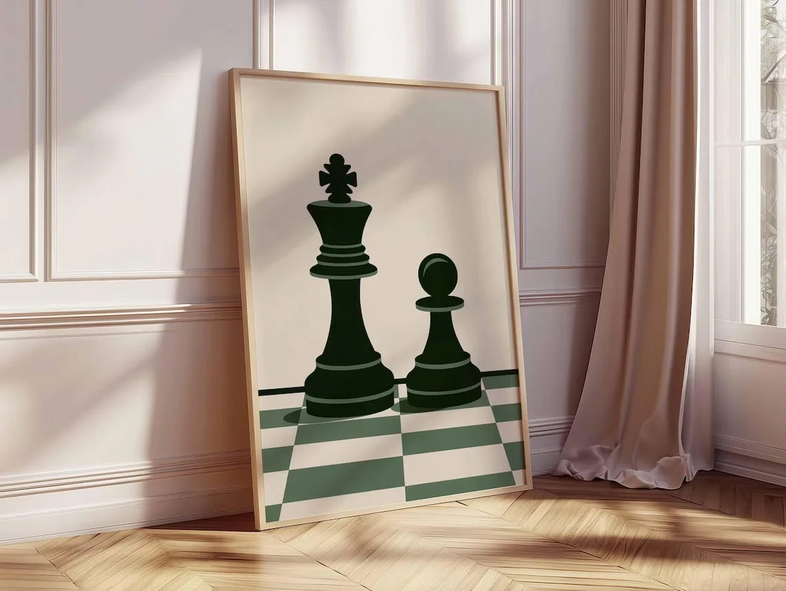 Chess Poster, Retro Board Game Wall Art Print, Vintage Minimalist Chess Pieces Artwork, Mid Century Modern Game Room Decor