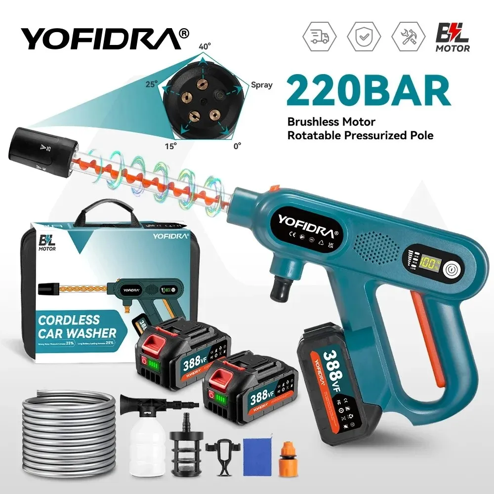 YOFIDRA 220Bar فرش الكهربائية جهاز تنظيف يعمل بالضغط العالي بندقية 3 والعتاد المنزل غسيل السيارات مدفع رذاذ الماء لماكيتا 18 فولت بطارية دبوس