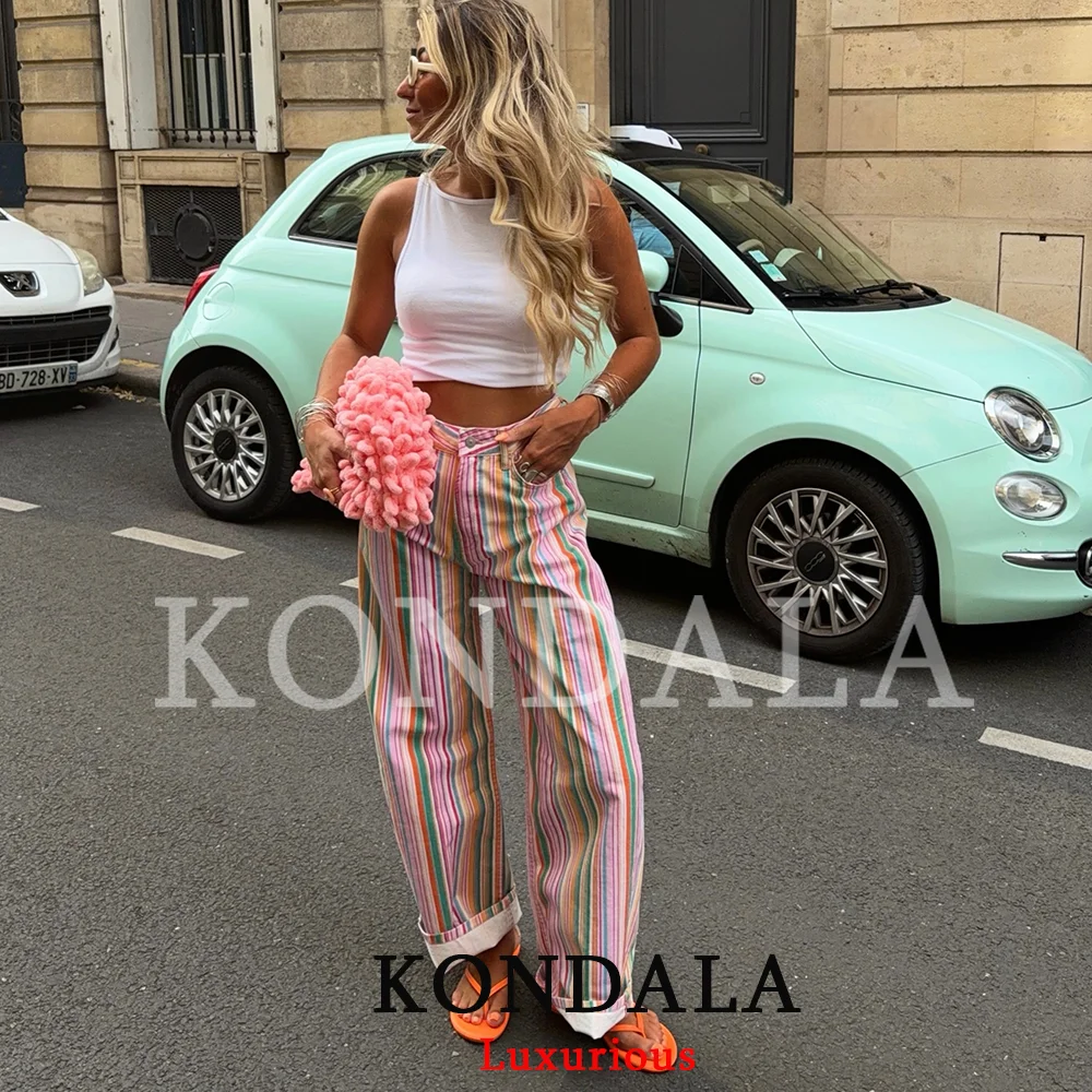 KONDALA Streetwear Damen Regenbogen-Streifen-Hose Damen Weite Bein-Hose mit Taschen Denim Damen Hose Mode 2026 Herbst Y2K Mädchen Partyhose – Detail 2