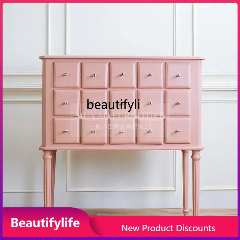 

A57 French retro solid wood chest multi-functional American pink locker bedroom drawer cabinet