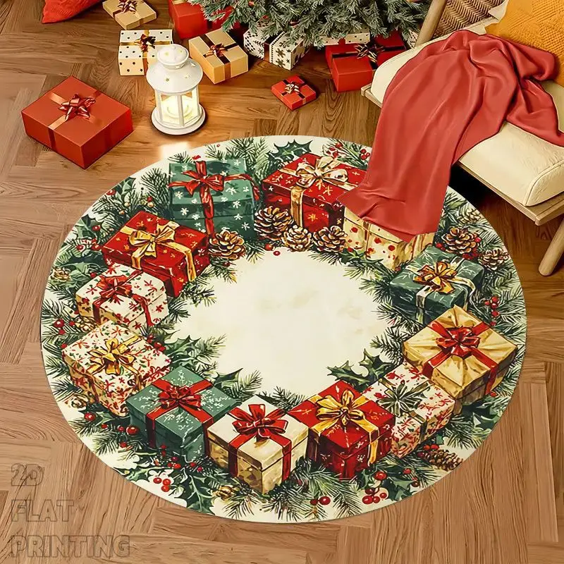 1pc 2D Flat Christmas Gift Box Bright Print Round Rug, Decor Mat for Living Room Dining Room Office, Warm Joyful Holiday