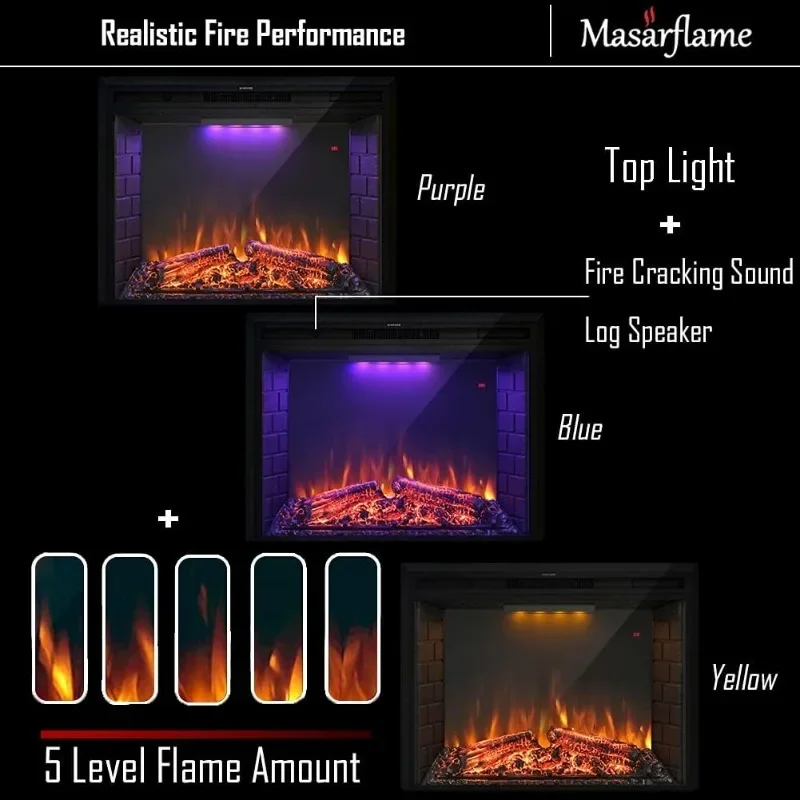 36'' Electric Fireplace Insert,Retro Recessed Fireplace Heater with Fire Cracking Sound,Remote Control & Timer, 750/1500W, Black