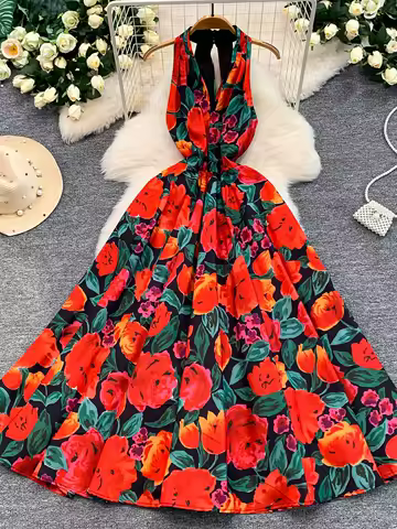 French Elegant Halter Dress Women Vacation Style High-End Sense Fashion Stunning Romantic Print Party Evening Gown Lady Dress