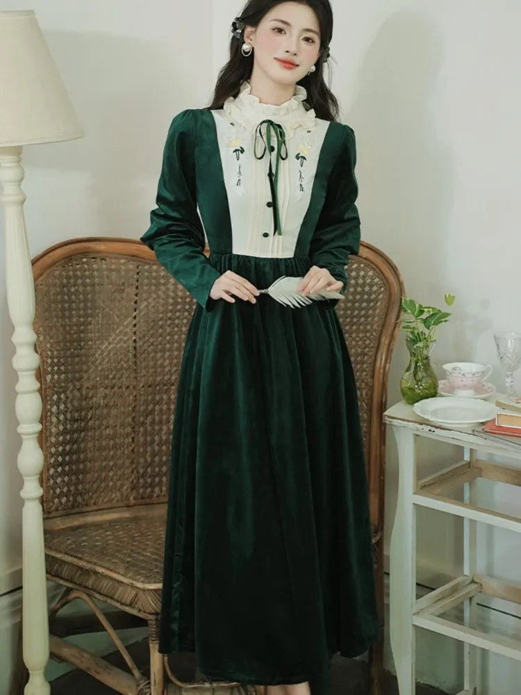 Vintage Green Velvet Midi Dress for Women Autumn Long Sleeve Ruffles O-neck Lace-up Slim Evening Party Robe Elegant Vestidos New