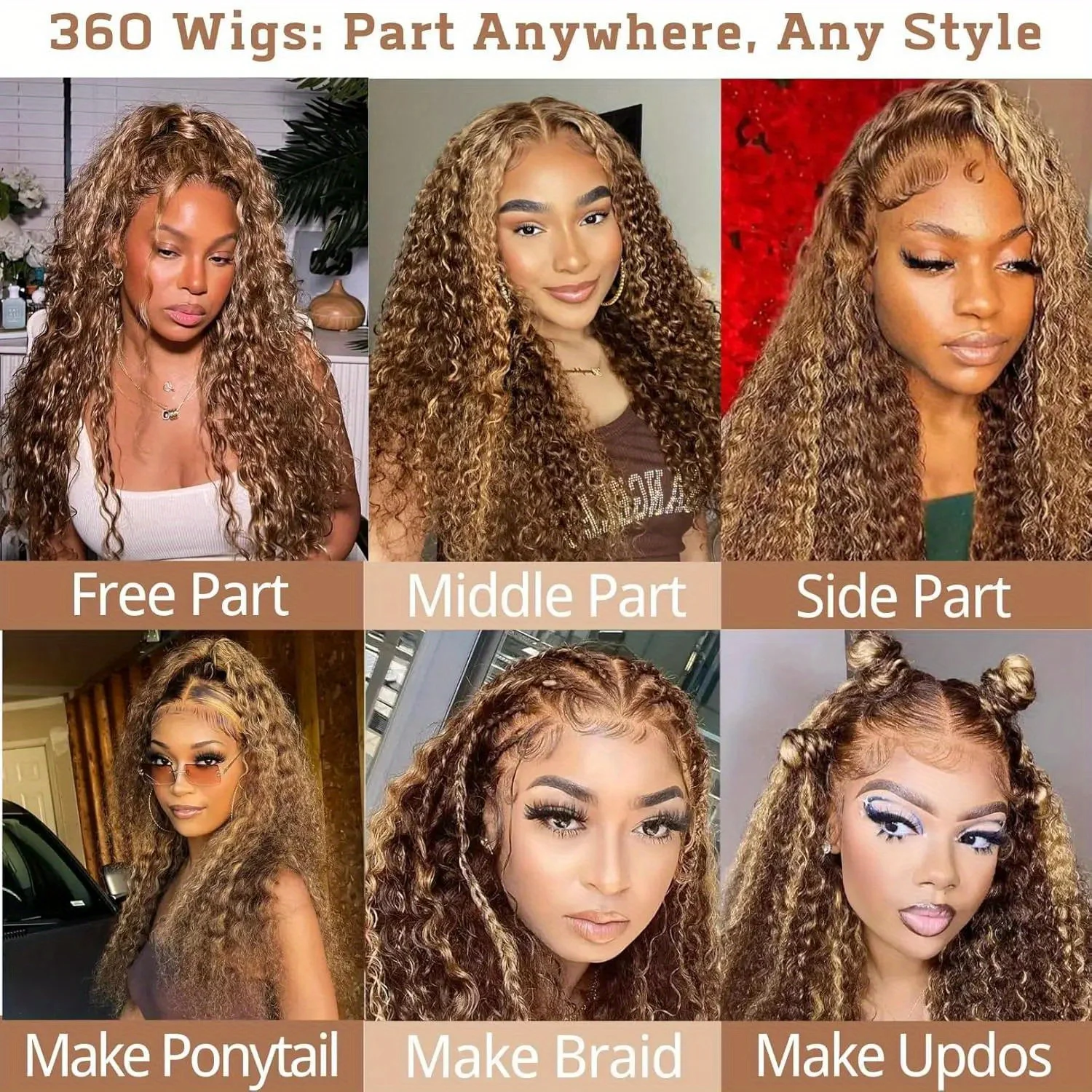 Full Lace Curly Human Hair Wig 360 Invisi Strap Highlight Wig 13x6 Deep Water Wave Frontal Wig for Women 220 Density image 6