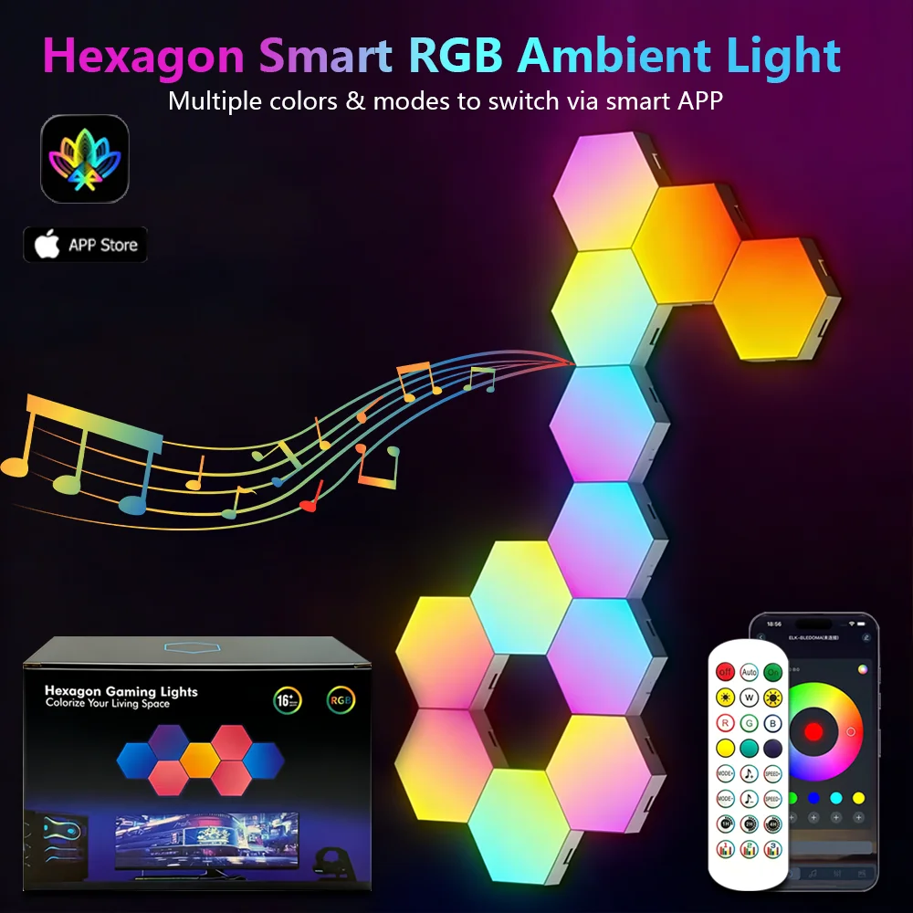 RGB Smart Hexagonal Wall Light Color-Changing Ambient Night Light DIY Shaping Sound Activated Smart Light for Game Room Bedroom