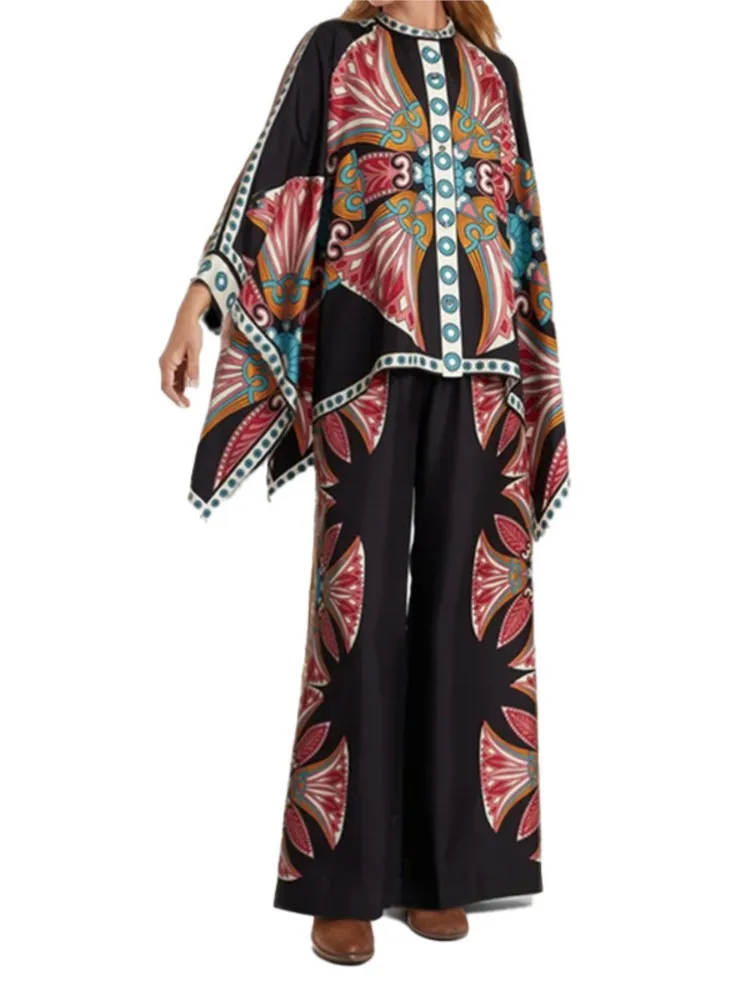 2 Piece Sets Fashion Women's Irregular Geometric Print Pants Sets Long Sleeve Shirts And Wide Leg Pants Stylish Streetwear Suit image 5