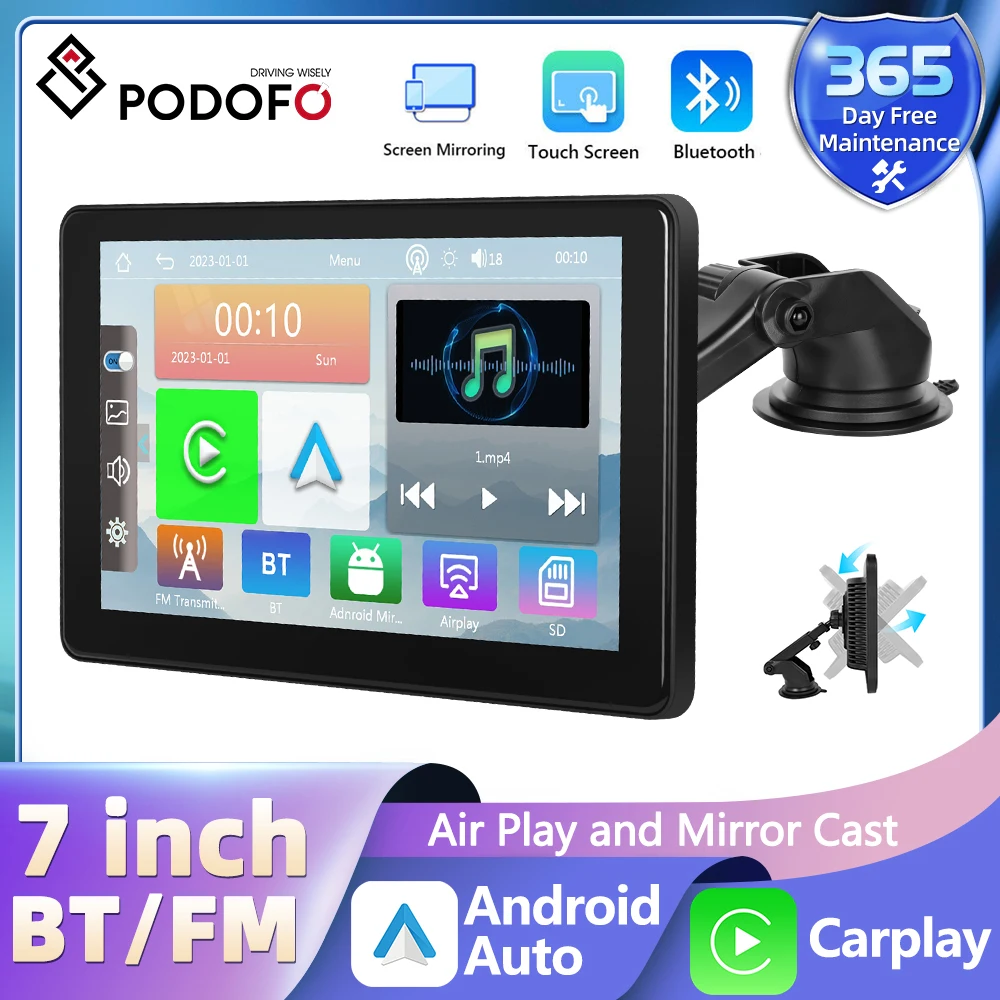 Podofo 7-inch Screen Carplay MP5 Portable Smart Player Supports Android Auto With Bluetooth Music