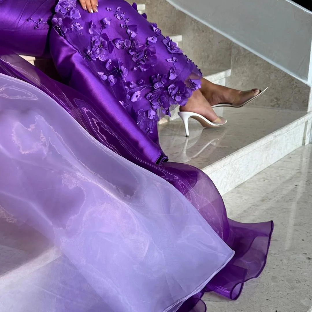 Bella personnalisé violet épaules inclinées sirène robes de soirée 3D fleurs Satin robes de soirée parole longueur robe de bal 2025