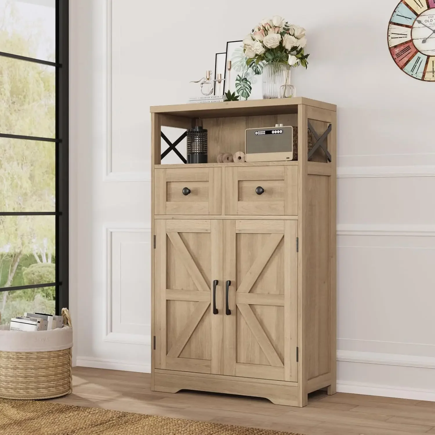 

Natural Style Storage Cabinet with Drawers and Shelves, Standing Kitchen Pantry Cabinet, Floor Storage Cabinet Hutch Cupboard