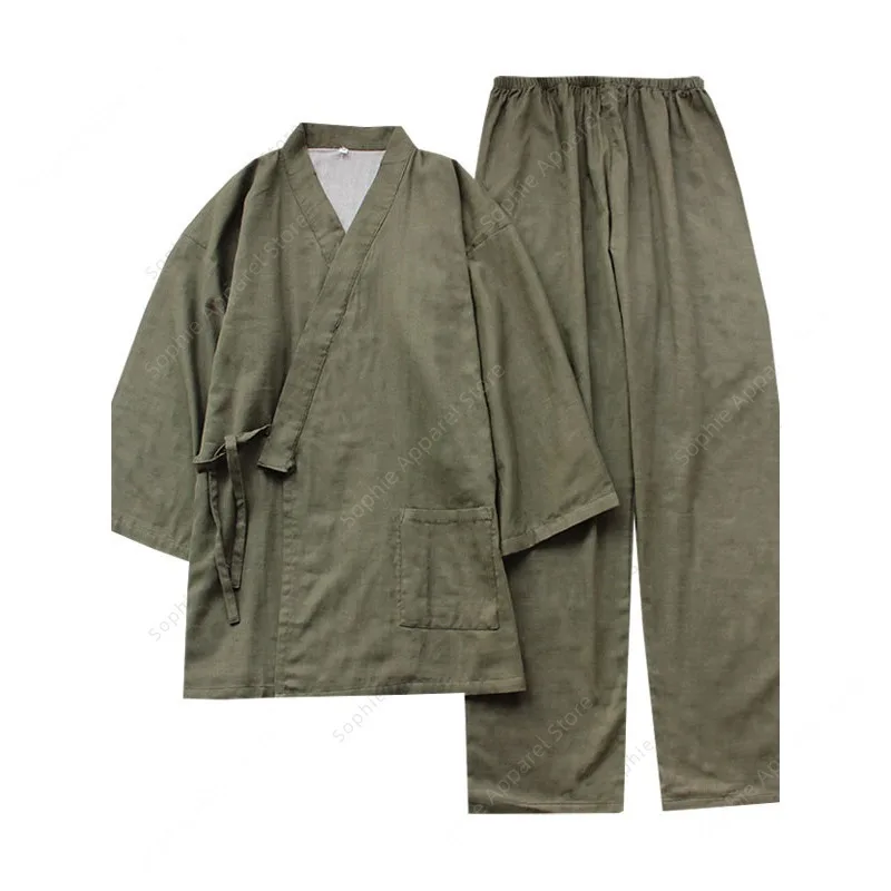 

Japanese Style Men's Cotton Pajamas Set Kimono Robe Trousers Sleepwear Couple Sauna Spa Suit Loose Bathrobe Loungewear