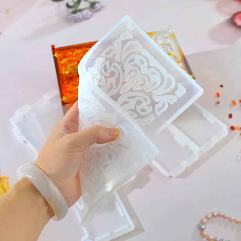 DIY Mirror Silicone Mold Square Flip-top Collection Box Pattern Hollow Storage Box Resin Silicone Mould Home Decoration Molds