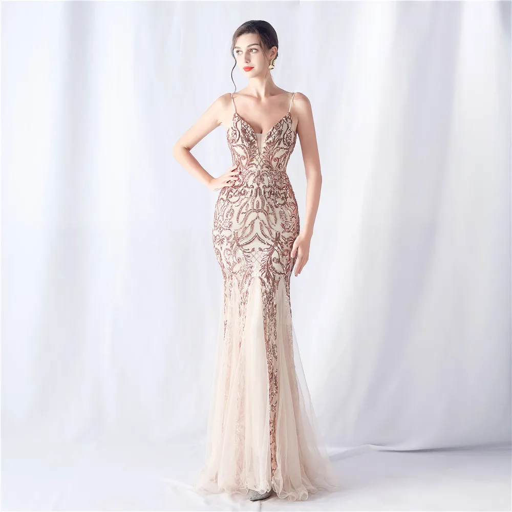 DEERVEADO Strap V Neck Evening Dress For Woman Elegant Mermaid Sequin Party Maxi Dress Special Occasion Dress Long Prm Dresses