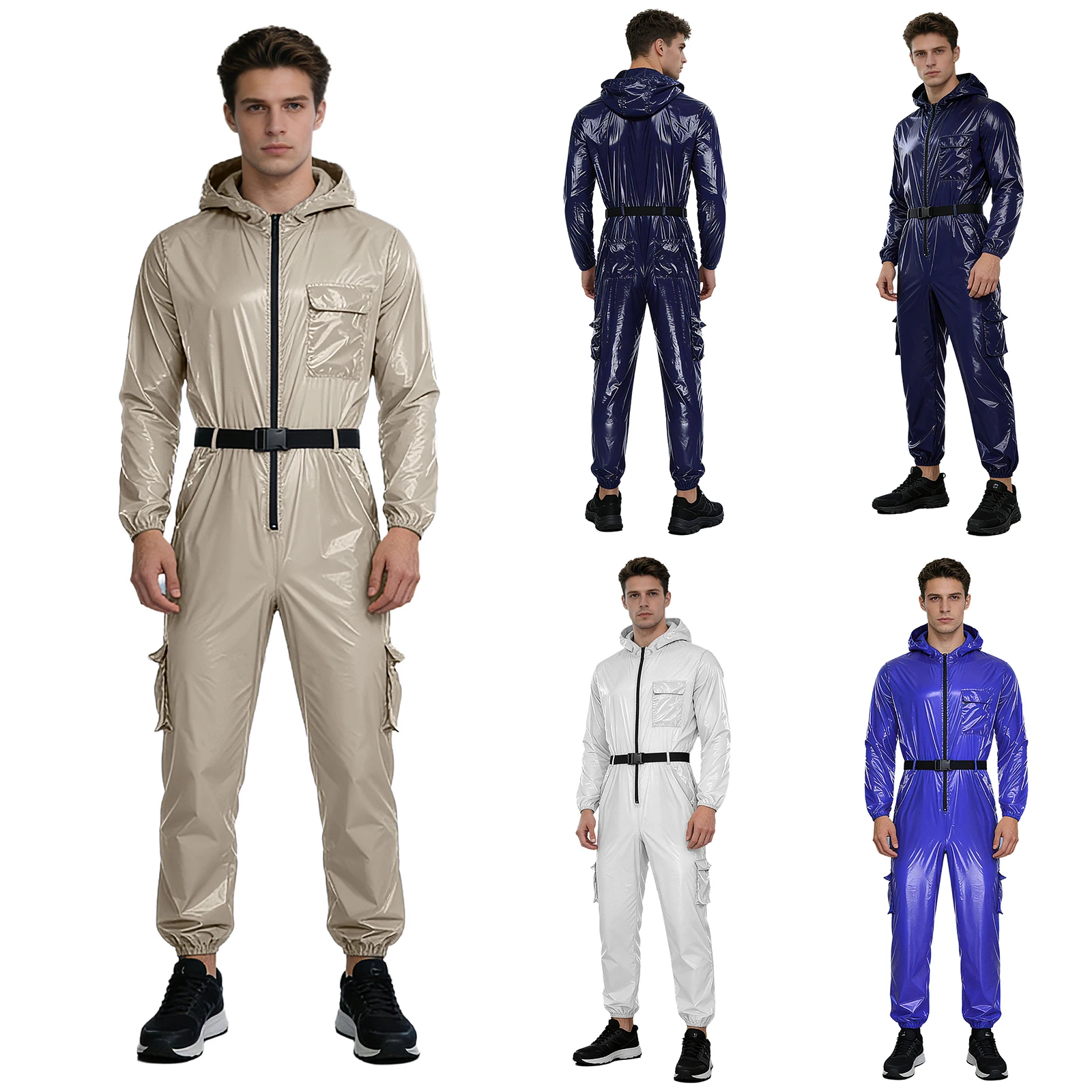 Wasserabweisende Overalls für Herren, Mechaniker-Arbeitskleidung, Kostüm, lange Ärmel, Reißverschluss vorne, Kapuzenoverall, Klapptaschen, Bodysuit