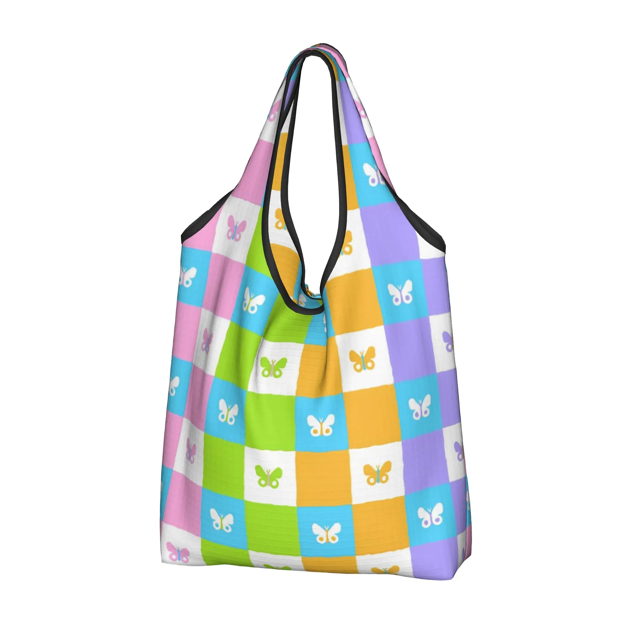 Recycling Checkered Plaid Colourful Square Butterfly  Shopping Bag Women Tote Bag Portable  Groceries Shopper Bags