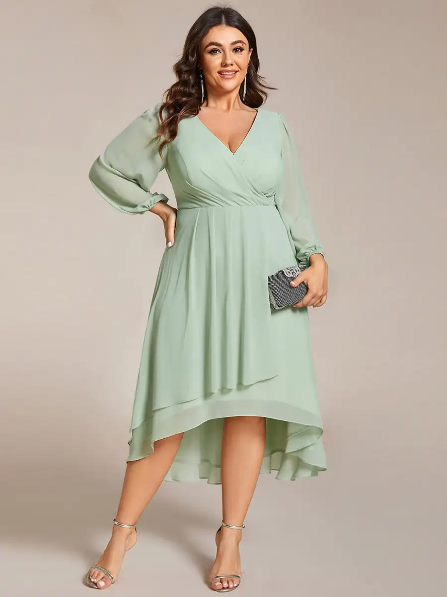 Plus Size Evening Dress Long Sleeves Pleated Ruffles Knee-Length 2024 Ever Pretty of Chiffon Mint Green Wedding Guest Dresses