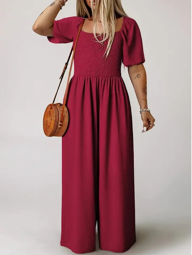 Flattering Solid Color Shirred Wide Leg Jumpsuit Casual Square Neck Short Sleeve Style Perfect for Spring Summer Fashionable W