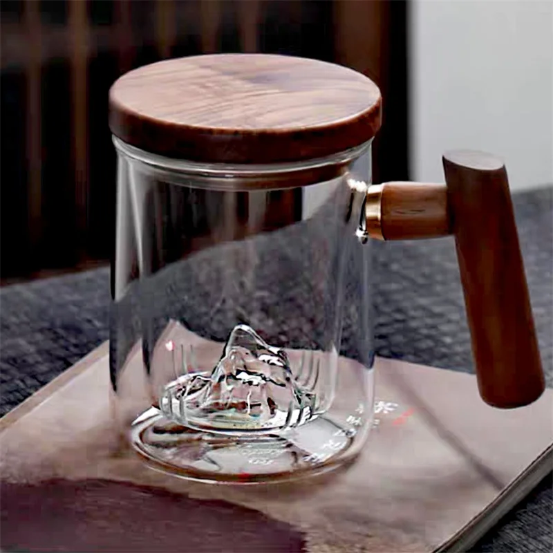 450ml Brewing Flower Oolong Glass Tea Cup with Tea Infuser and Lid Strainer Wood Handle Heat Resistant Maker