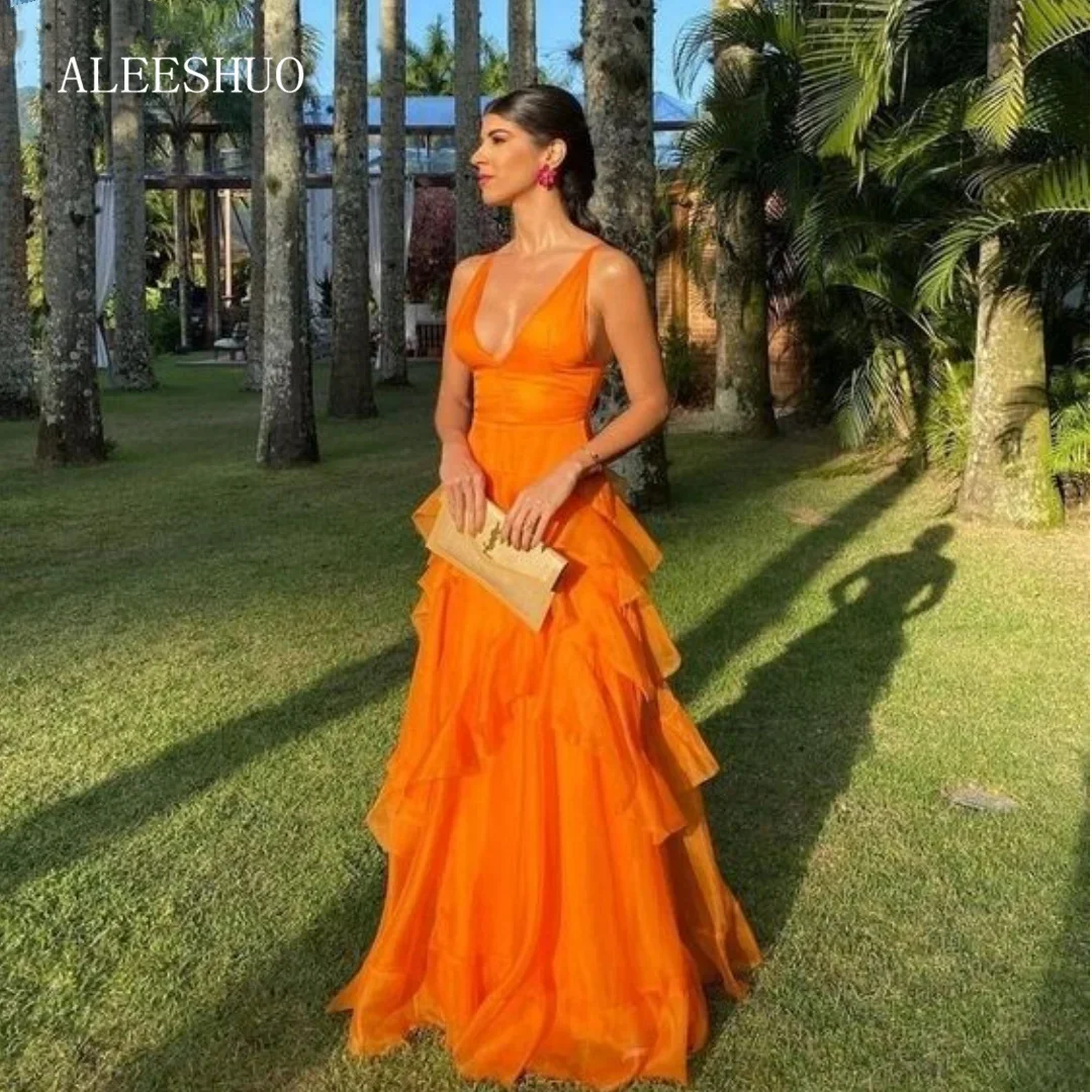 

Aleeshuo Sexy V-neck Prom Dressess A-Line Tiered Cocktail Evening Dress Orange Ladies Formal Sleeveless Gown فساتين سهره فاخره