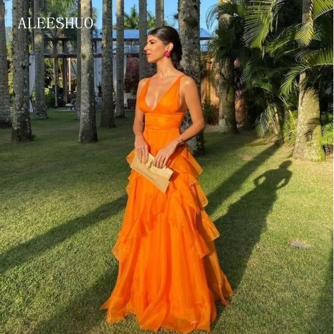 Aleeshuo sexy V-Ausschnitt Abschluss ball Kleid A-Linie abgestufte Cocktail Abendkleid orange Damen formelle ärmellose Kleid فساتين سbeach