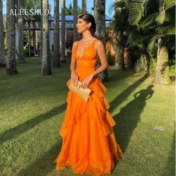 Aleeshuo Sexy V-neck Prom Dressess A-Line Tiered Cocktail Evening Dress Orange Ladies Formal Sleeveless Gown فساتين سهره فاخره