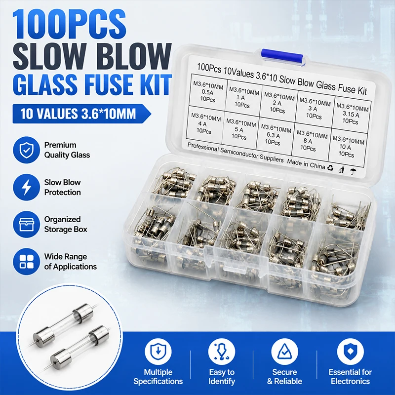 100Pcs/Box 3.6x10mm Glass Fuse Assortment Kit w/ Axial Lead 10 Values 0.5A-10A 250V Quick Blow Fuse Set