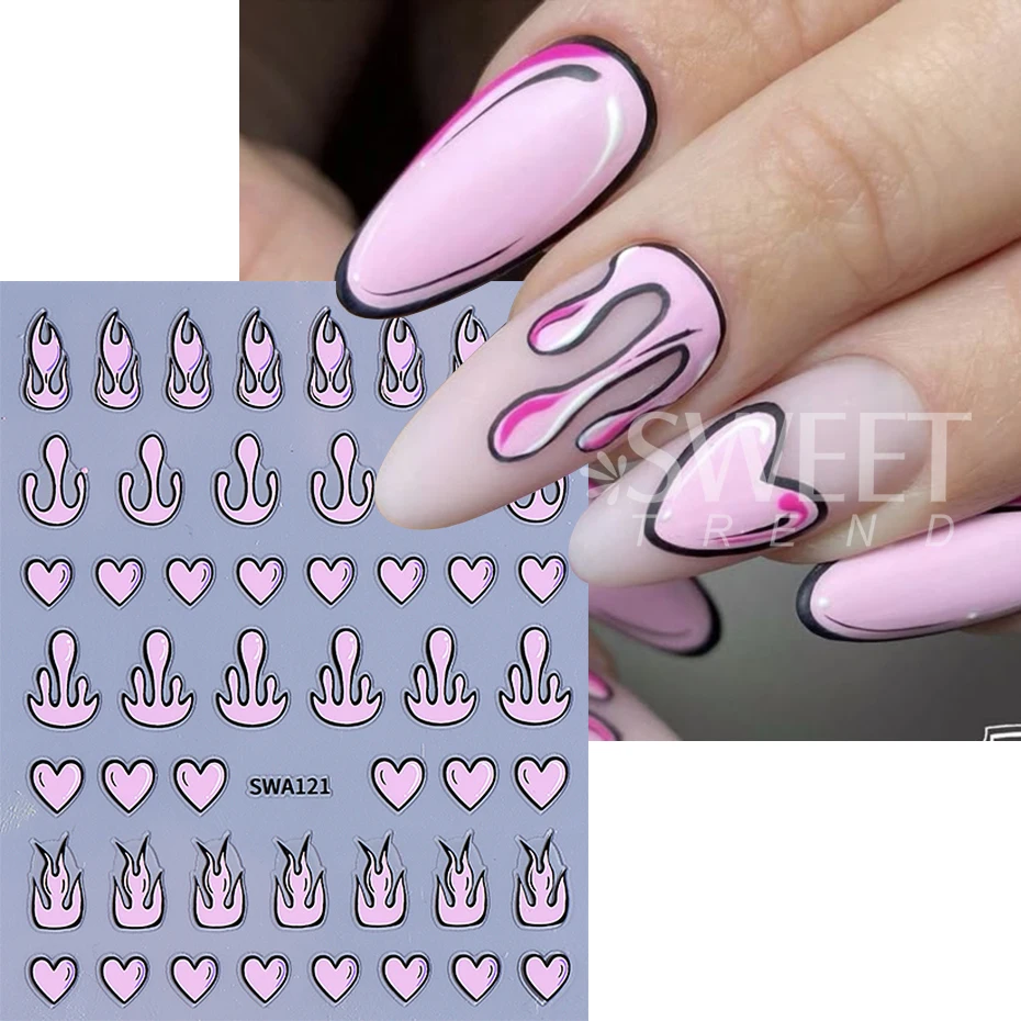 3 pçs quadrinhos amor coração adesivos de unhas rosa azul dos desenhos animados amor fogo chama decalques de unhas design diy decoração verão chama sliders manicure