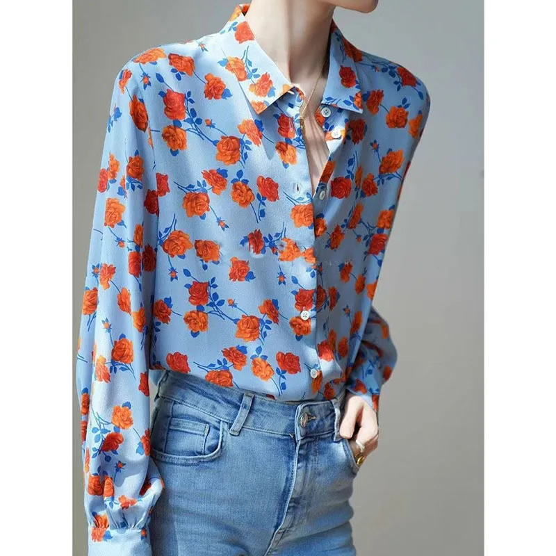 Elegant Vintage Floral Print Blouse for Female Spring Autumn Fashion Korean Long Sleeve Turn-down Collar Shirt Women\'s Clothing