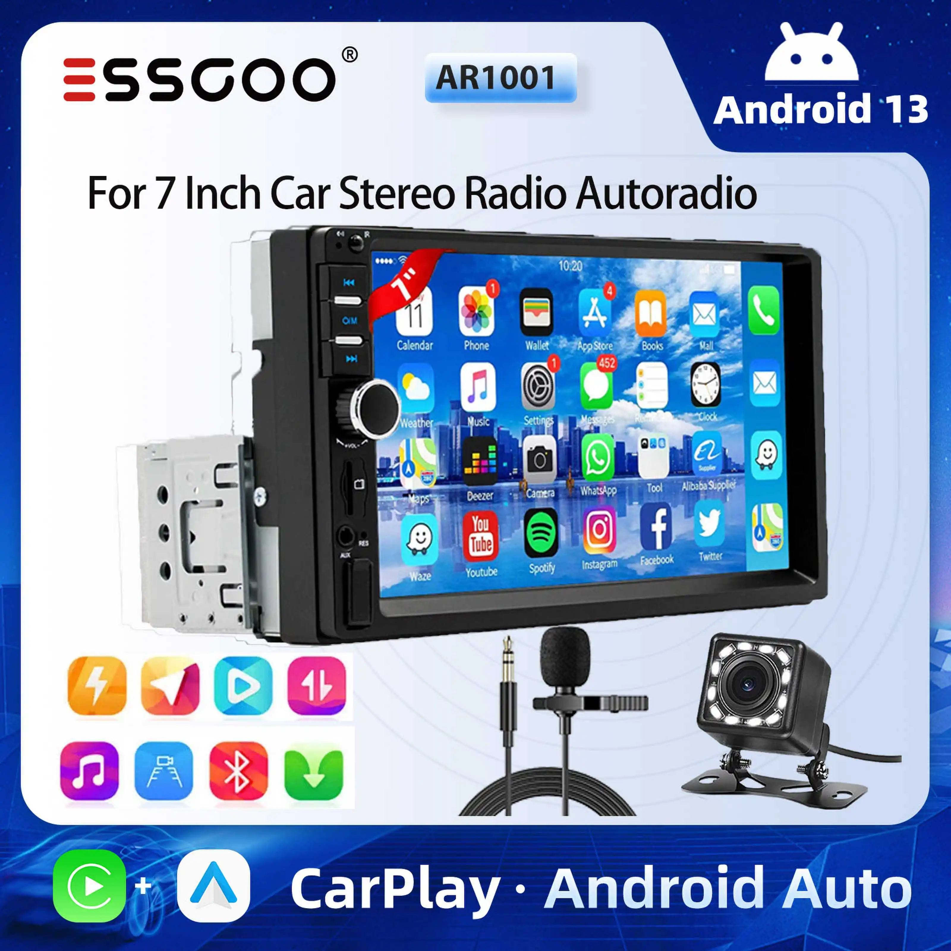 ESSGOO 7 Inch Car Stereo Radio 1 Din Carplay Android Auto Car Radio MP5 Player Touch Screen USB Bluetooth FM SD Car Multimedia