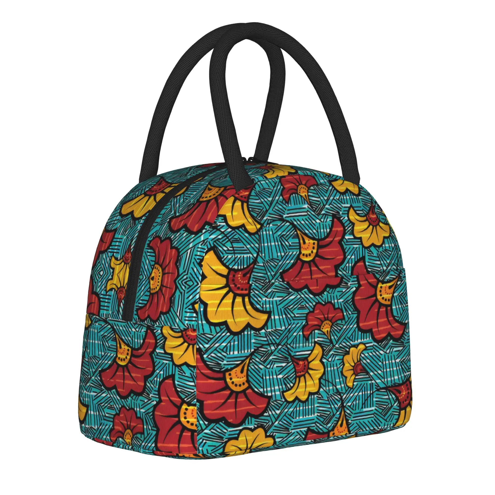 Insulated Lunch Tote Bag African Ethnic Tribal Ankara Y2K Floral Flower Cooler Thermal Lunch Boxes Lightweight For Picnic