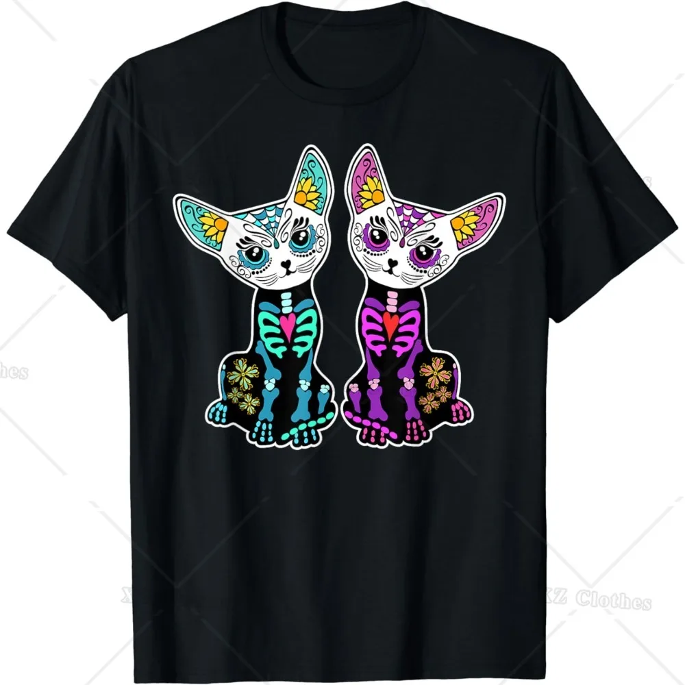 Day of Dead Sugar Cats Skeleton Skull T-Shirt for Women Men Boys Girls