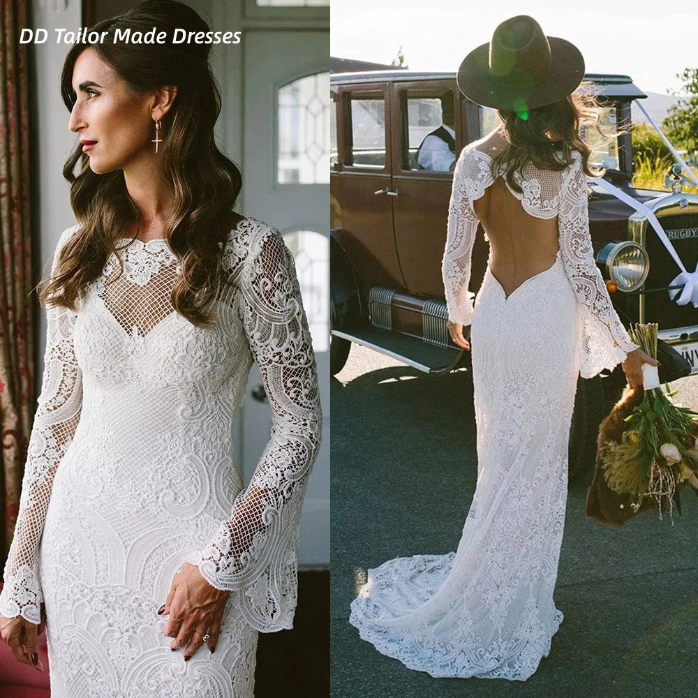 Sexy Backless Beach Wedding Dress Full Flare Sleeves Cotton Lace Long Bridal Gowns Court Train Boho Robe de mariée Customized