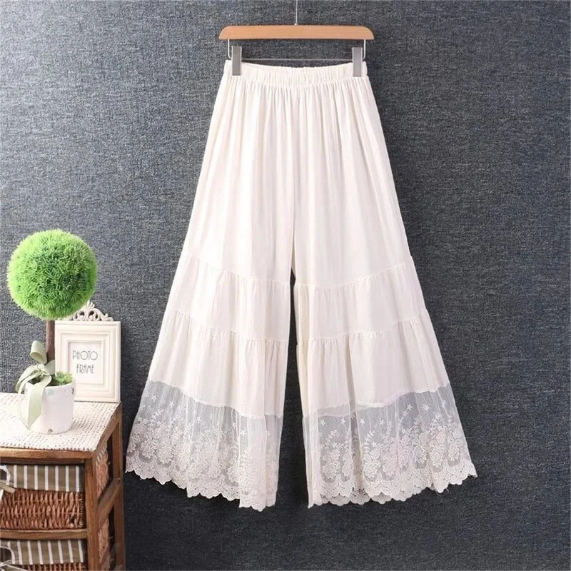 Spring New Style Women Loose Fresh polyester Solid Color Wide Leg Pants Elastic Waist Lace Splicing Base Layer Trousers