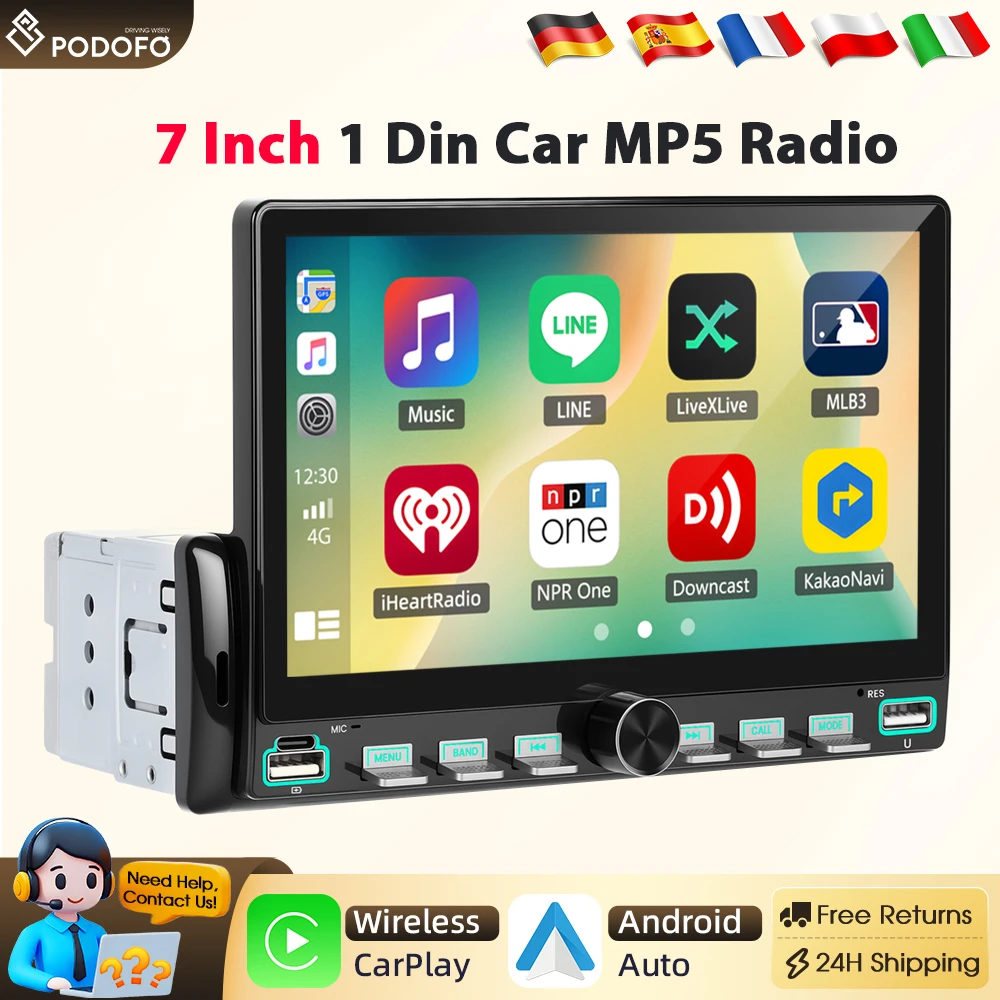 Lecteur MP5 stéréo pour voiture Podofo 1Din 7 pouces, Carplay, Android Auto, lecteur multimédia, prise en charge de la caméra de recul, BT, FM