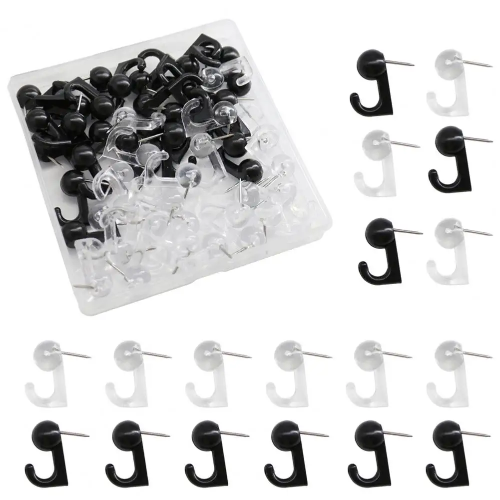 50Pcs Push Pin with Hook Plastic Box Black Cork Bulletin Board Whiteboard Wall Map Photo Fixing Thumbtack Office Home Supplies