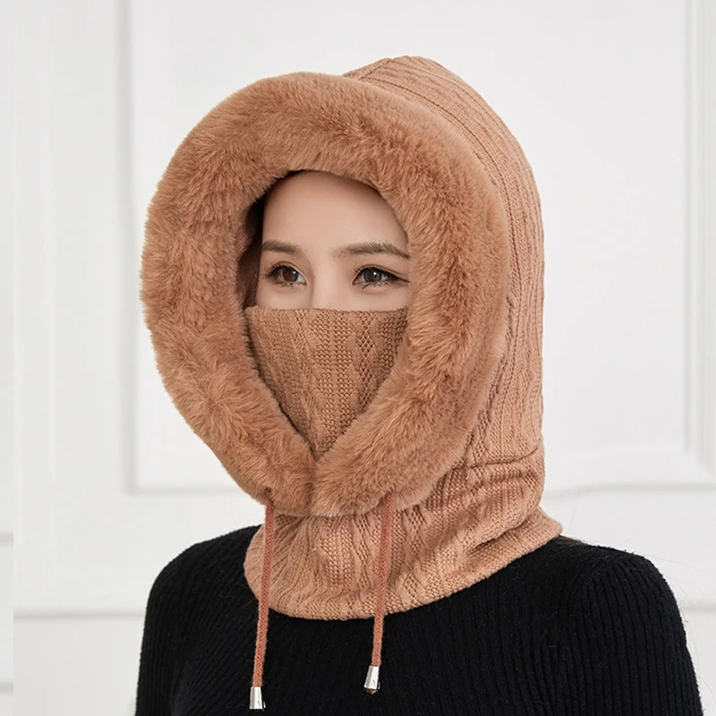 Winter Hat For Womens Hooded Face Mask Fluff Keep Warm Thicken Neck Scarf Hooded Cap Beanie Knitted Cashmere Neck Warmer