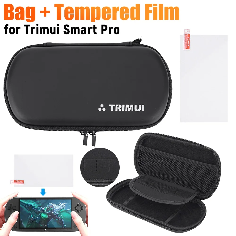 For Trimui Smart Pro Game Console EVA Hard Carrying Case with Tempered Glass Film EVA Protective Case Waterproof Storage Bag