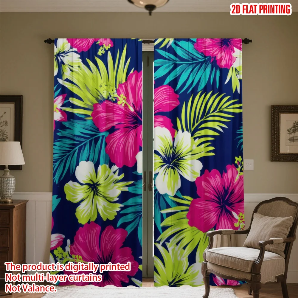 

2D flat printing 2pcs Curtain Colorful Tropical Flowers Digital Printed Polyester Drapes Festive Curtains Perfect for Indoor