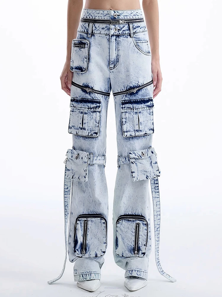 TWOTWINSTYLE Chic Streetwear Denim Pants For Women High Waist Patchwork Pockets Slimming Vintage Jeans Female Fashion Clothing