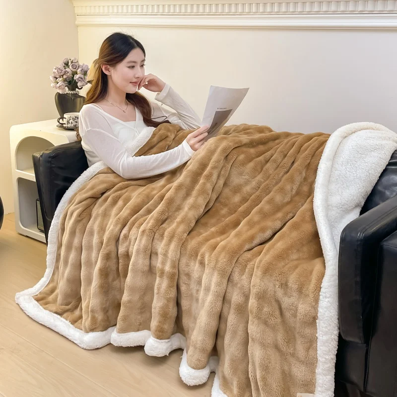 

Warm Queen Bed Blanket 3D Ribbed Jacquard Throw Blanket Super Soft Brown Premium Flannel Fleece Blanket Fall Winter Blanket