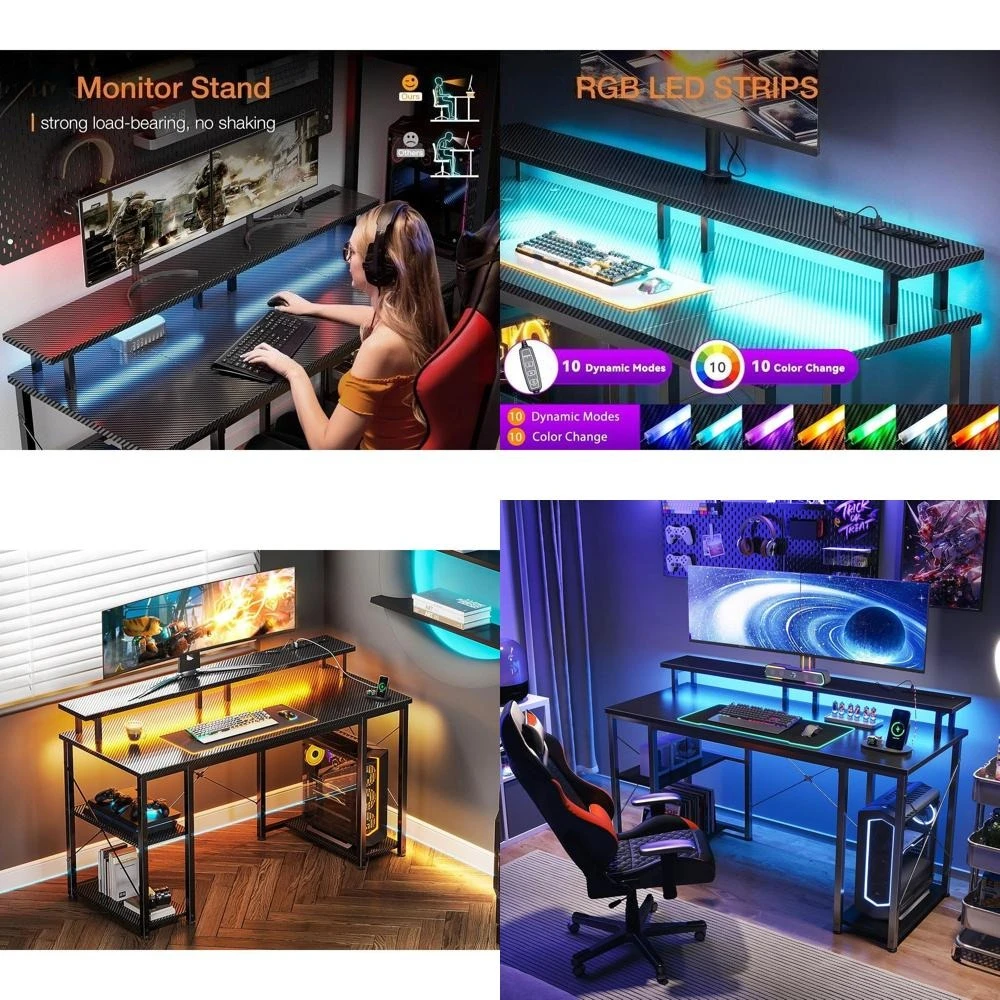 

48 Carbon Fiber Gaming Desk with LED Lights, Power Outlets, Monitor Stand and Storage Shelves for Home Office